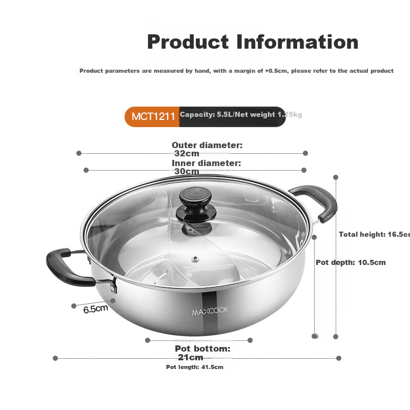 Maxcook 304 Stainless Steel Double-Sided Hot Pot, 32cm with Ladle And Lid, Compatible with Gas And Induction Stoves, MCT1211