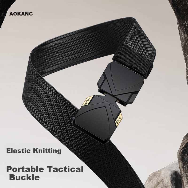 Aokang Men's Canvas Elastic Belt with Buckle, for Chubby People, Students, Outdoor Casual Sports, Security Check, Military Training, No Loose Ends