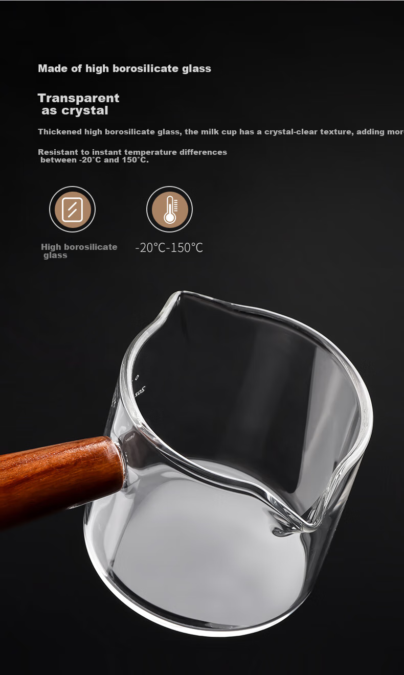 CLITON Japanese Style Wooden Handle Glass Milk Jug Heat-Resistant Measuring Cup Latte Art Cup with Scale Single Spout Milk Pitcher 75ml 3