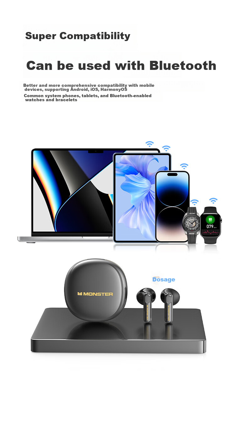 MONSTER N-Lite 217 Noise-Cancelling Semi-In-Ear Bluetooth Earphones Bluetooth 6.0 Digital Battery Display Call Noise Cancellation Long Battery Life Compatible with Apple Huawei Xiaomi Oppo White 14
