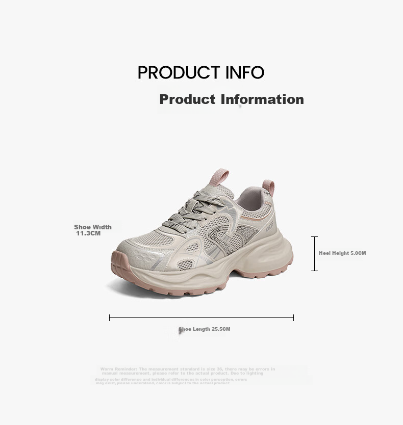 RED DRAGONFLY Chunky Sneakers for Women, Thick-Soled Height-Increasing Versatile Mesh Shoes, Sports Running Shoes WTB35259 Beige Size 36 8