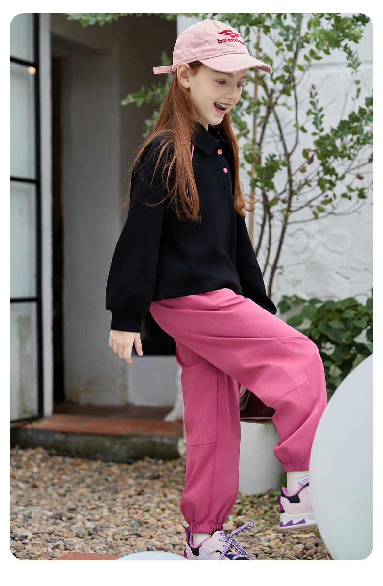Fulromy Girls' Spring Autumn New Trendy Casual Top and Versatile Jogger Pants Two-Piece Set Black/Rose Red 160 14