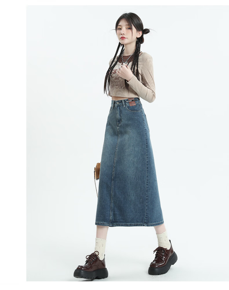 Langsha Women's Denim Skirt 2026 New High-Waist A-Line Slimming Back Slit Casual Mid-Length Pencil Skirt 9