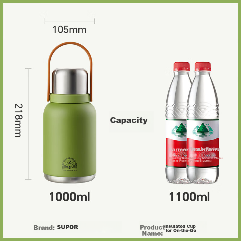 SUPOR Insulated Mug Large Capacity Cold Cup Women's Portable Water Bottle Outdoor Dual-Use Titanium Cup Car-Friendly