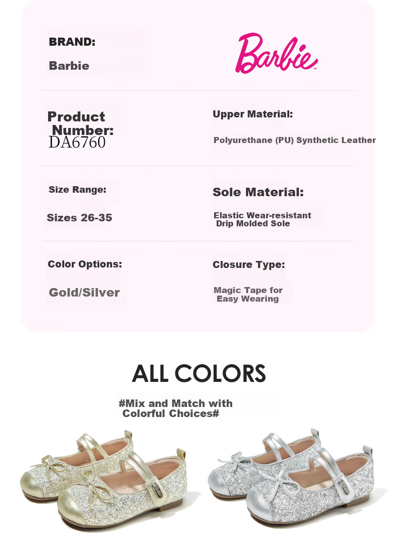 Barbie Girls' Spring Fashion Leather Shoes, Baby Girl New Crystal Shoes, Soft-Soled Flats, Spring DA6760, Silver, Size 35 3