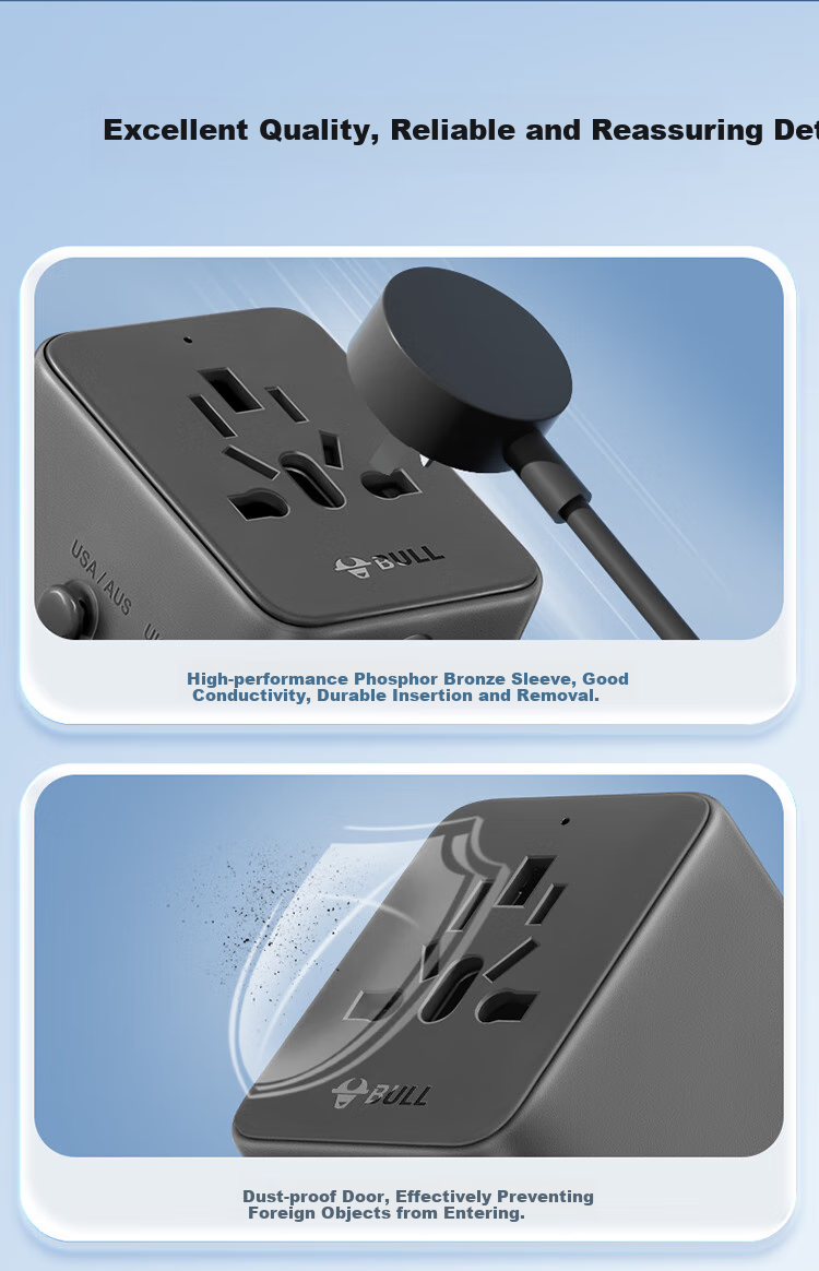BULL 2-Outlet Multi-Country Travel Adapter/World Converter Plug for International Travel, Business Trips, And Study Abroad with Super Power Protection, European Standard, American Standard, Australian Standard, UK Standard GN-L10 Deep Space Gray 3