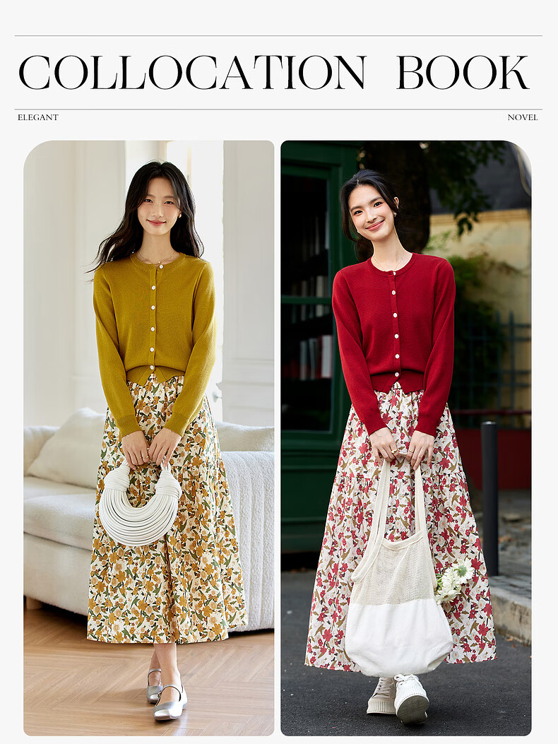 Fanximan Holiday Style Casual Set Women Autumn New Knitted Top and Skirt Two-Piece Set Apricot Base Red Floral L 2