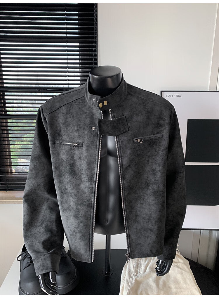 IZEXX Men's American Style Tie-Dye Jacket Autumn Winter Stand Collar Trendy Shoulder Motorcycle Leather Jacket ZGJ58 Black XL 9