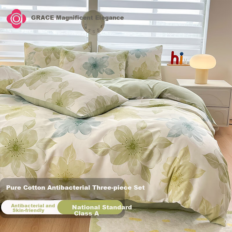 Grace Class 7A Antibacterial Pure Cotton Bedding Set, Three Pieces, Single Dormitory Bed Sheet And Duvet Cover, 1.5*2 Meters, for 1.2m Bed, Mengxia