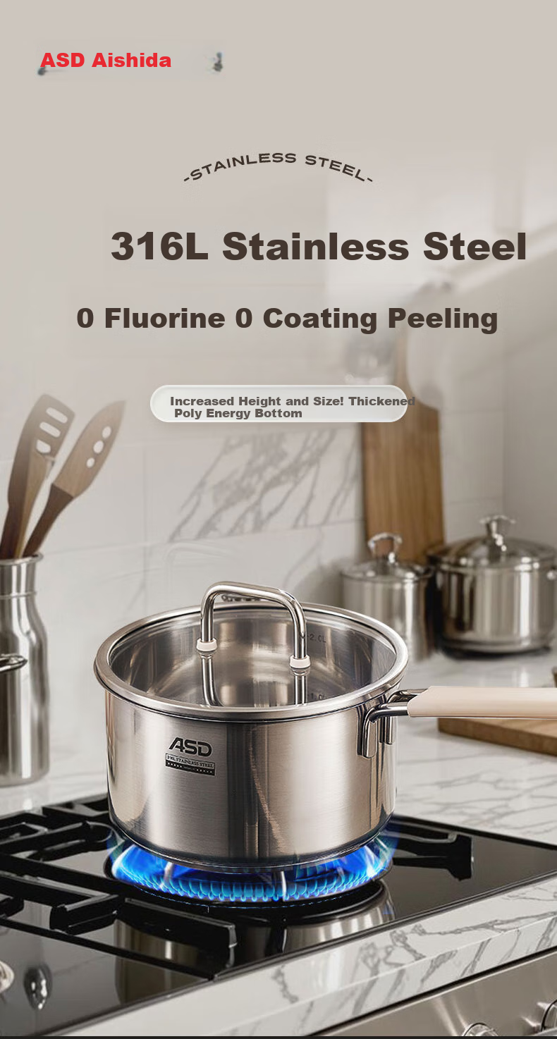 ASD Milk Pot, 316L Stainless Steel, Baby Food Pot, Small Milk Pot, Thickened, Suitable for Gas And Induction Stoves, NS18B15WG 1