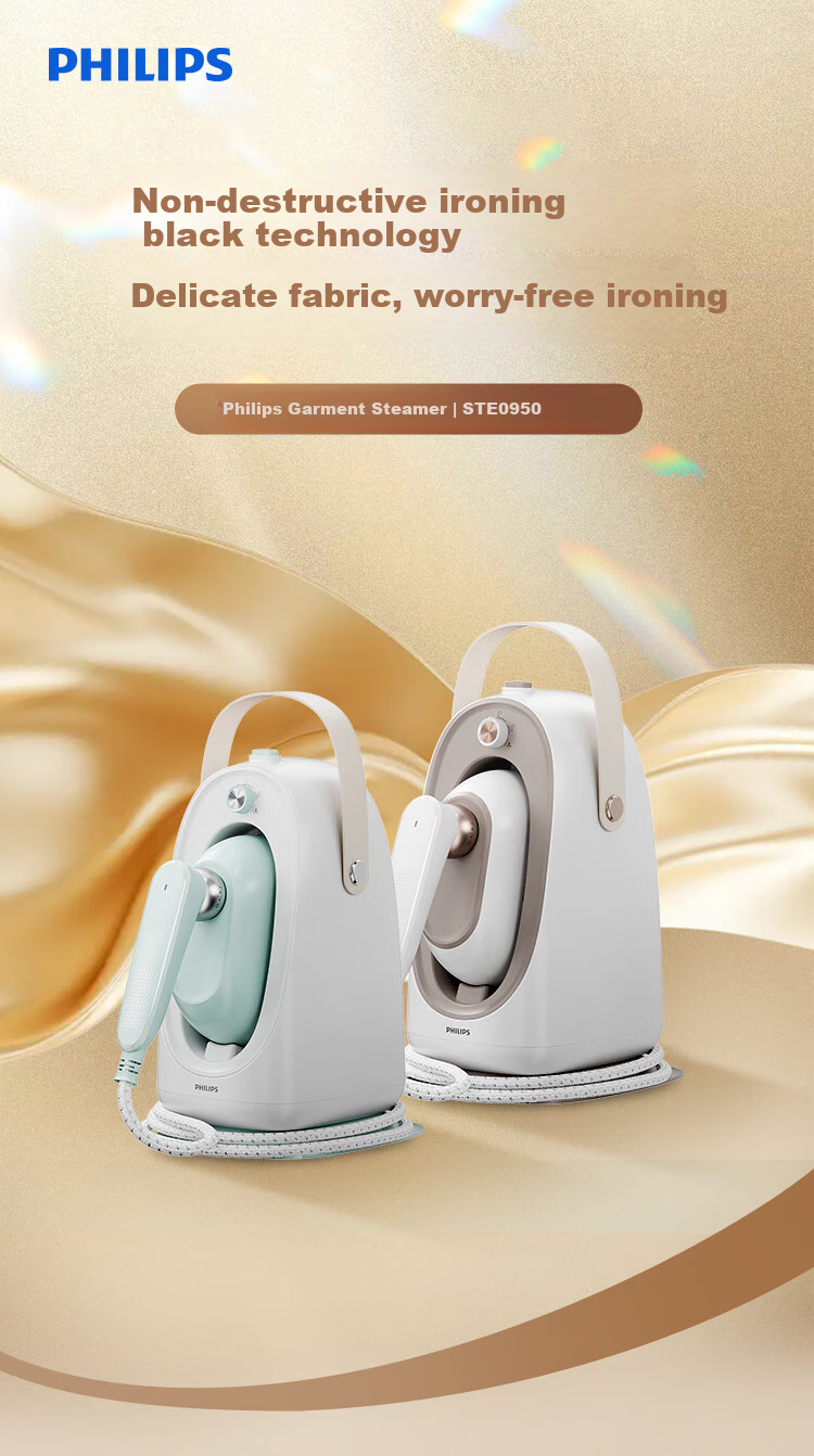 PHILIPS Desktop Space-Saving Iron, Handheld Home Small Garment Steamer, Maximum Steam Output 84g/min, 1L Bean-Shaped Iron STE0950/70, Peach Steam Bag 1