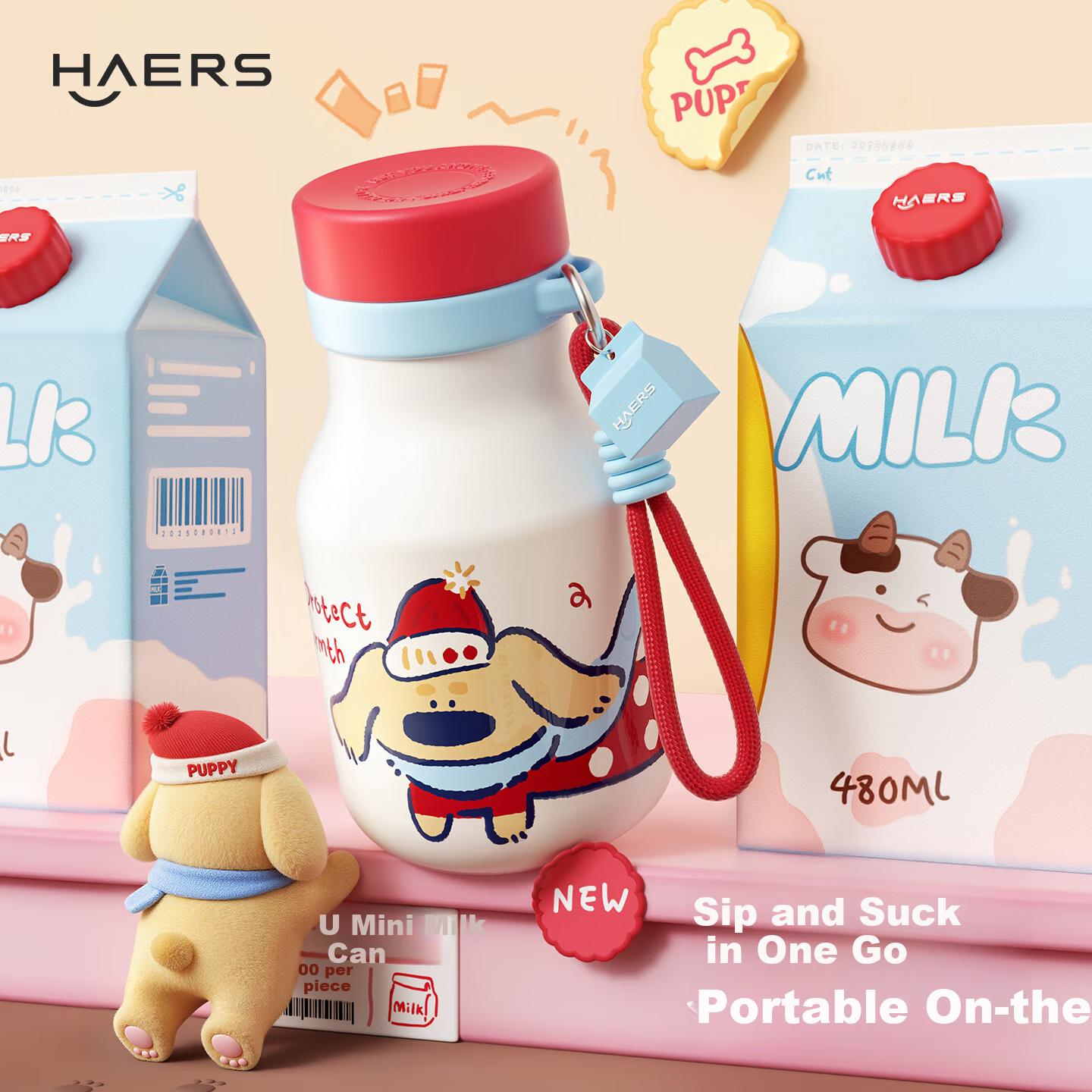 HAERS Insulated Mug, Stylish Straw Water Bottle for Students, Portable Cup for Female Students, Gift, New Model, Red, 480ML