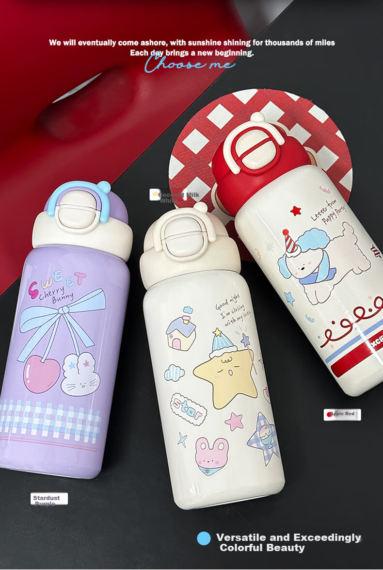 JIWUSENLIN Children's Insulated Cup Large Capacity Water Bottle for Boys And Girls with 304 Stainless Steel Cold-Keeping Straw Cup White 500ml 8
