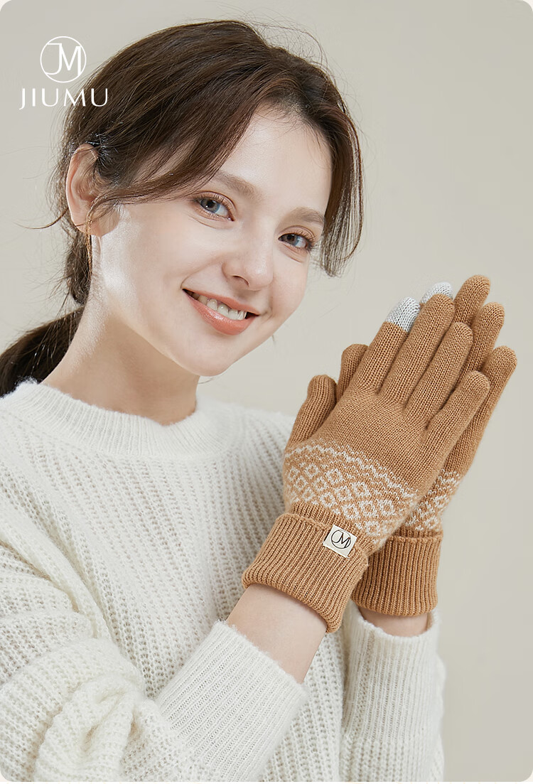 JIUMU 100% Wool Warm Gloves Women Winter Thickened Cold-Resistant Bohemian Style Autumn Winter Touchscreen Knitted Wool Gloves 1