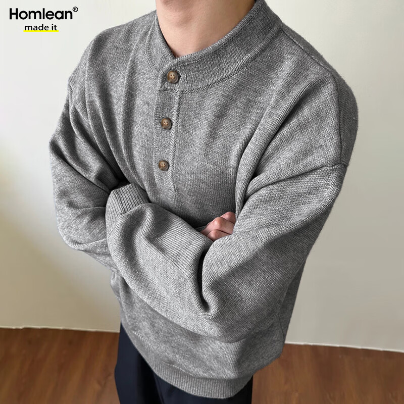 Homlean Old Money Henry Collar Knitted Sweater Men High-End Lazy Style Casual Versatile Top Autumn HC19 Dark Gray 3XL