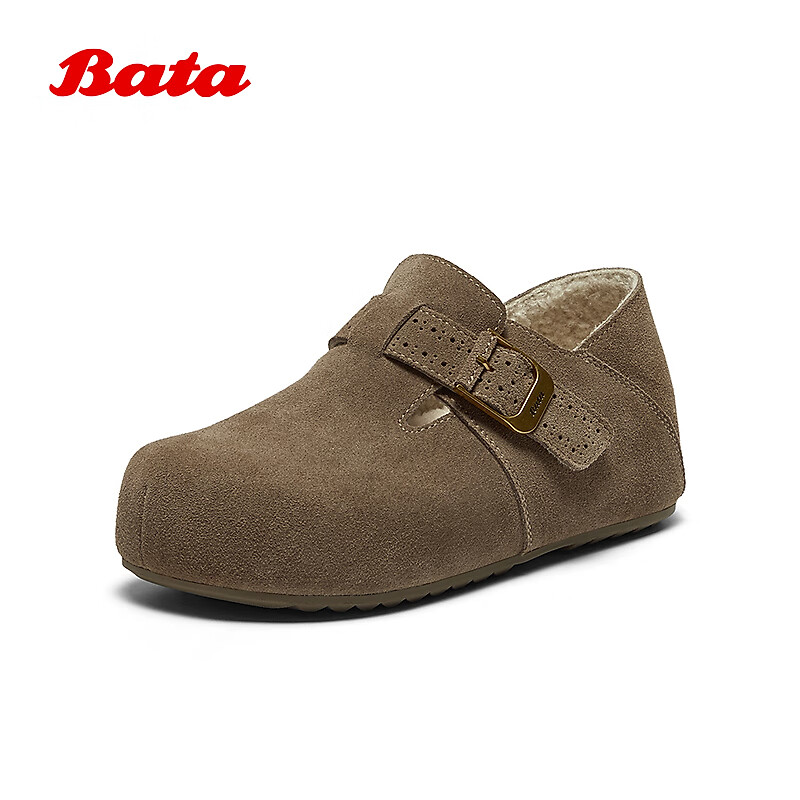 Bata Prince Qi Same Style Birkenstock Women's Autumn 2025 Mall Cow Split Leather Slip-On Dark Gray Suede Lining Size 38