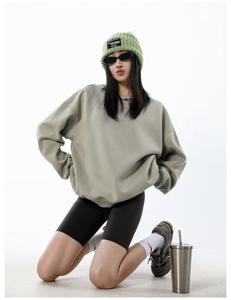 ICH MODE Women's American Style Crew Neck Solid Color Sweatshirt Spring Autumn New Loose Lazy Pullover Long Sleeve Top Black M 20