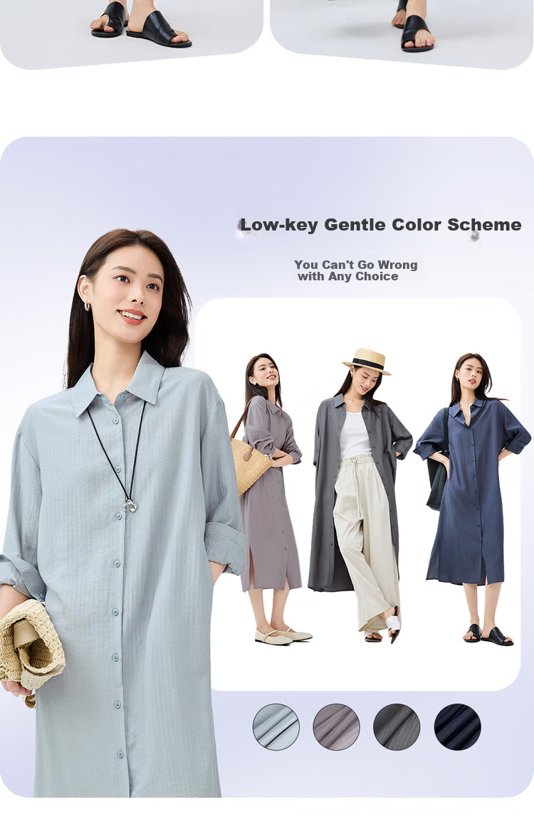 Giordano Women's Dress, 2026 Spring New Style, Side Slit with Subtle Stripes, Long-Sleeve Shirt Dress for Women, 05465070 6
