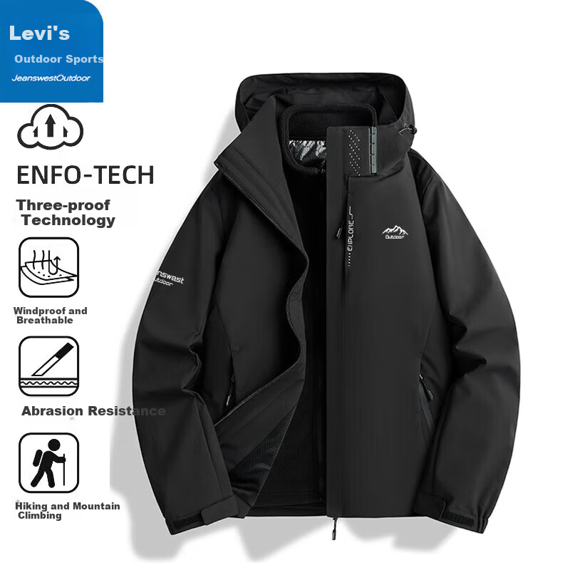 JEANSWEST OUTDOOR Windbreaker Spring And Autumn Jacket, Trendy Three-In Hooded Outdoor Breathable Windproof Couple's Outfit, Black, Size L