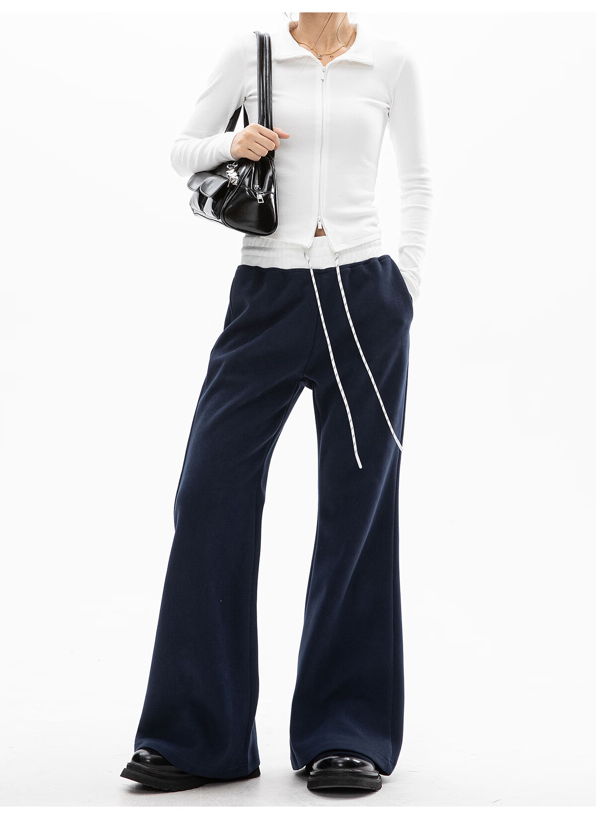 ICH MODE Women's American Style Flared Sports Pants Autumn Winter Straight Wide-Leg Casual Sweatpants BF Lazy Style Navy Blue S 17