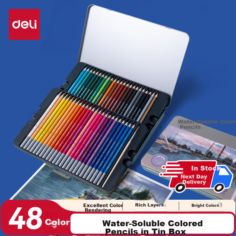 Deli [Back to School Stationery] 48-Color Colored Pencils in Metal Box, Water-Soluble (48 Pieces/box), Art Professional Hand-Drawn Coloring Drawing HM451-48 Girls Children's Colored Pens for School Opening