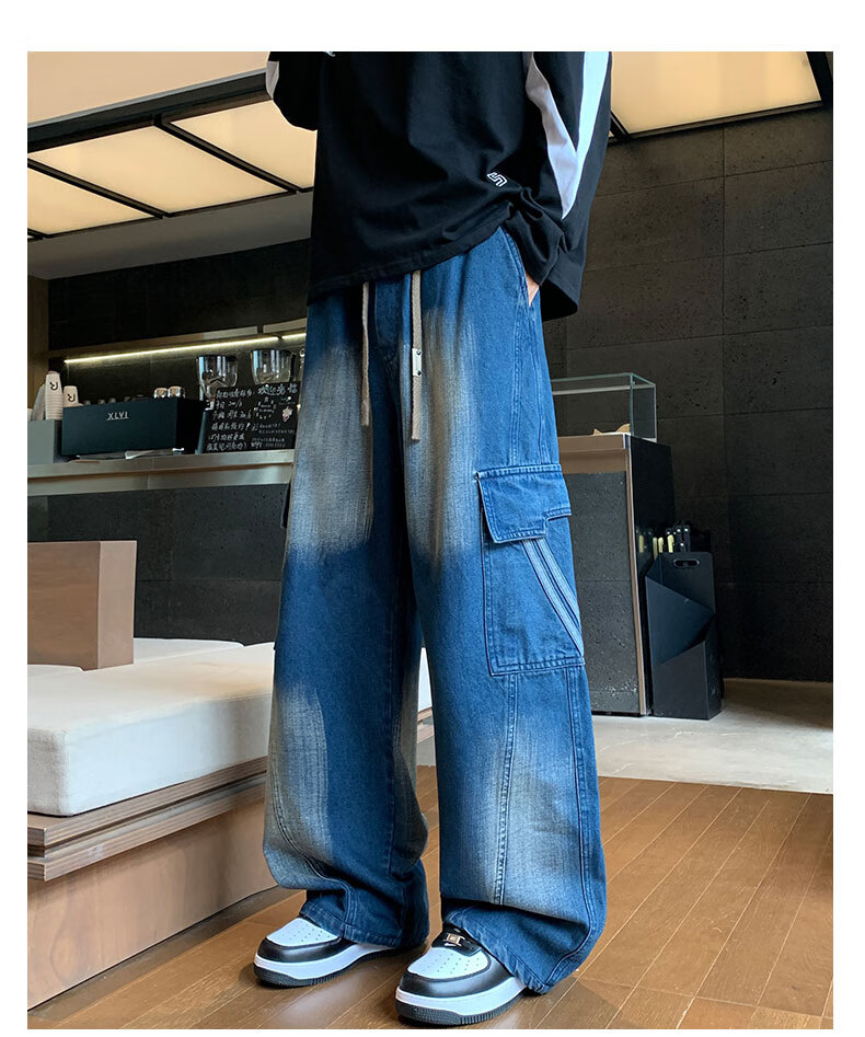 Top Youth Men's Jeans Autumn Winter Trendy Faded Large Size Straight Loose Workwear Casual Pants Black L 5