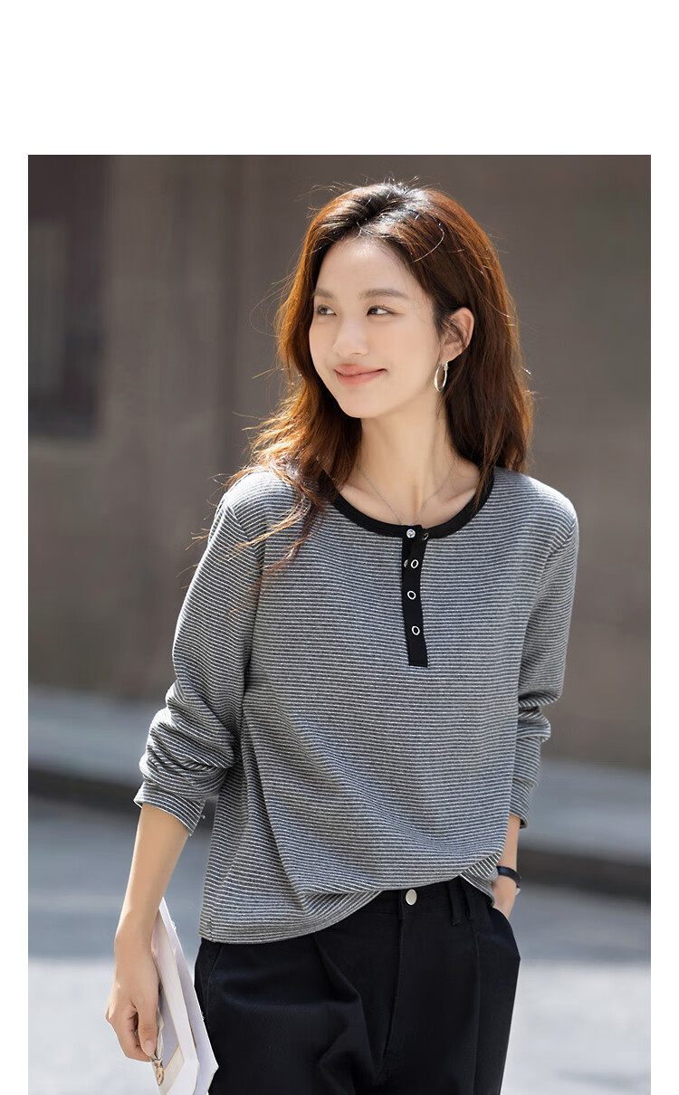 Demna【Retro Light Travel】Winter Simple Design Splicing Contrast Color Round Neck Striped Stretchy T-shirt for Women with Tummy Control 1