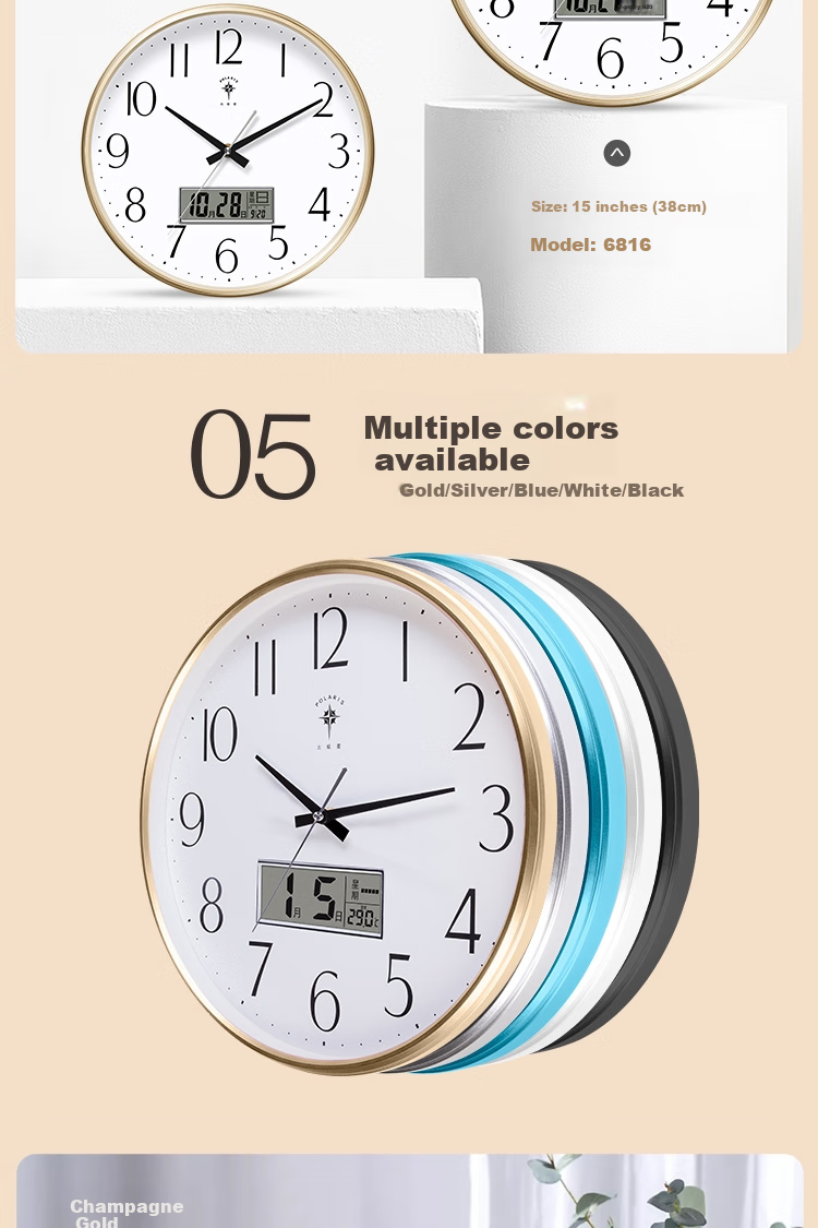 POLARIS Wall Clock, Round Living Room Clock, Perpetual Calendar, Modern Quartz Clock, Fashionable Calendar Clock, Creative Wall Clock, 6810 Black 5