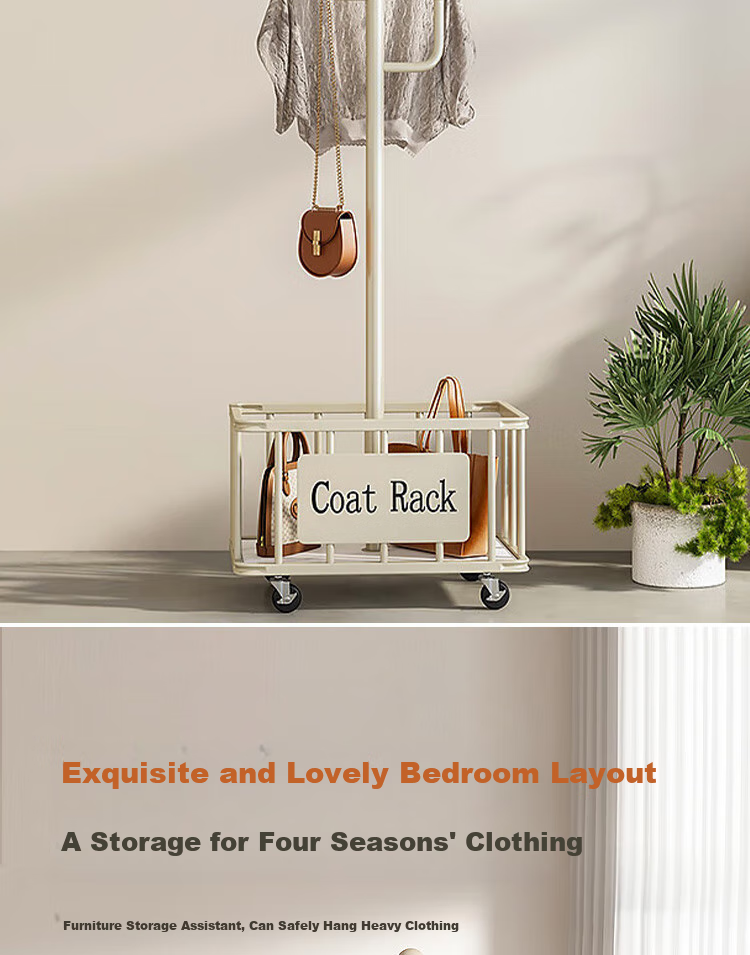Yijia Coat Rack, Floor-Standing Clothes Rack, Coat And Hat Stand, Movable Home Drying Rod Storage Rack, Cream White Straight Rod with 7 Hooks 7