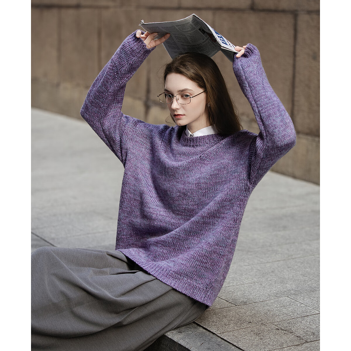 TonLion 2025 Autumn Winter Women's Crew Neck Solid Color Heather Knit Sweater