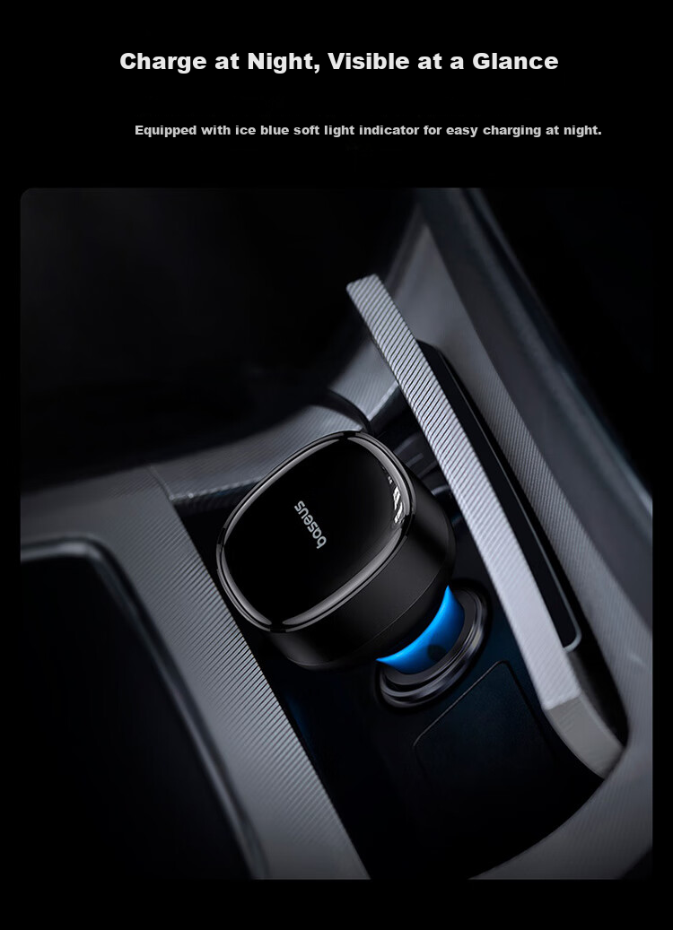 Baseus Car Charger And Cigarette Lighter Dual-Port Super Fast Charging Car Charger, Type-C with Built-In Cable, 60W 12