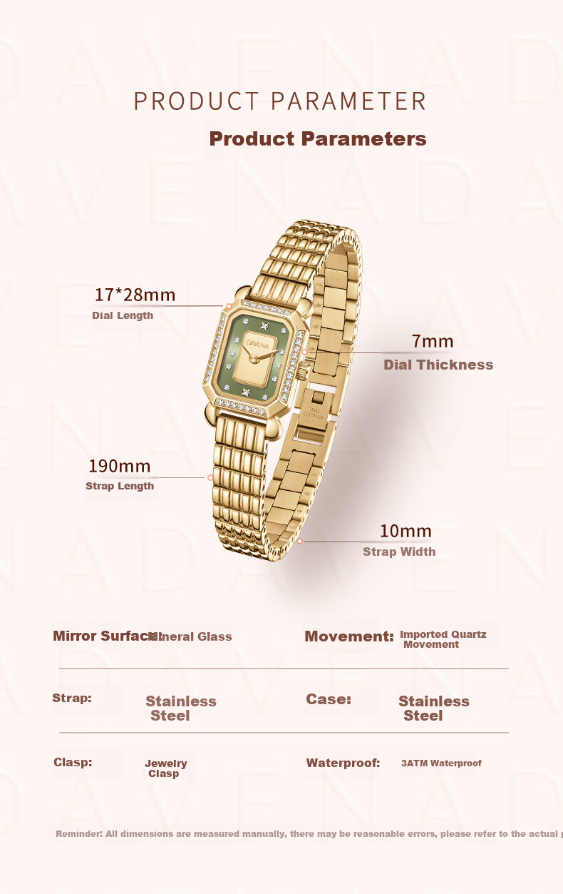 Davena Small Gold Brick Watch for Women, Small Dial Luxury Niche Birthday Gift for Girlfriend, Gold with Green Face 7
