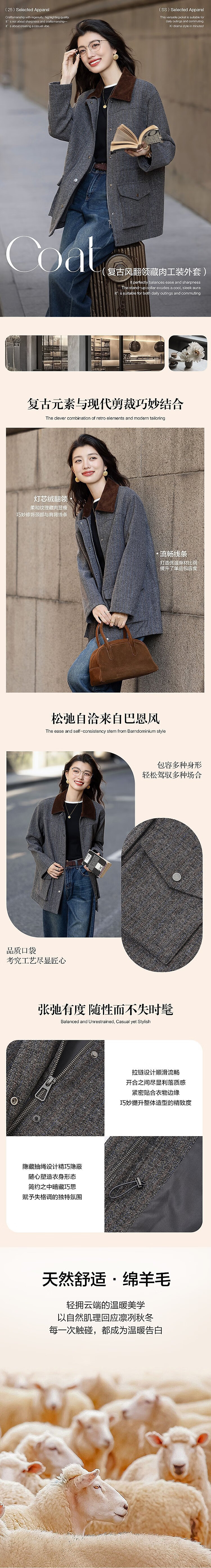 Demana Barn Style Winter Vintage Shearling Corduroy Lapel Drawstring Metal Snap Work Jacket 1
