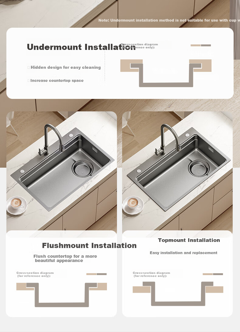 ARROW Kitchen Sink Gun Gray Nano Wide-Edge Large Single Bowl, Integrated Undermount Sink for Kitchen, Dishwashing And Vegetable Washing Table 21