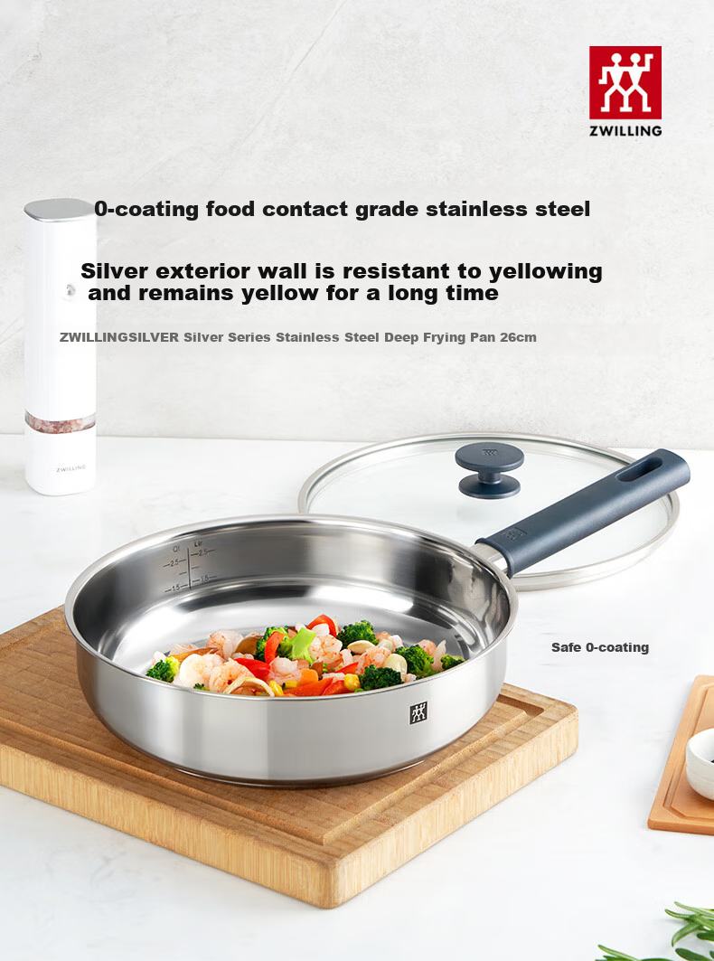 ZWILLING Non-Coated Frying Pan, Anti-Yellowing Stainless Steel Pan for Eggs And Steak, SILVER Series Multi-Purpose Pan, 26cm 2