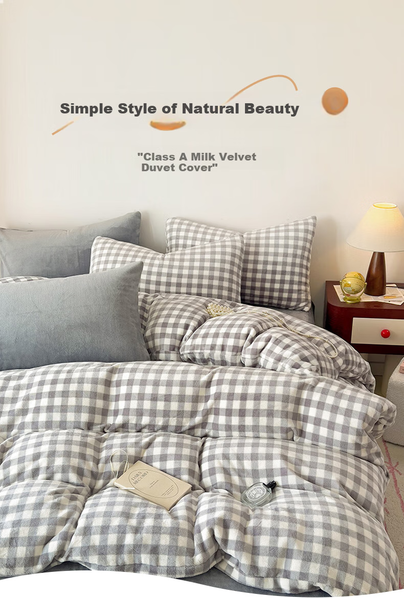 Grace A-Class Milk Velvet Duvet Cover Single Piece, Single Student Bedding Cover, Gray Check - Medium Gray, 150*200cm 1