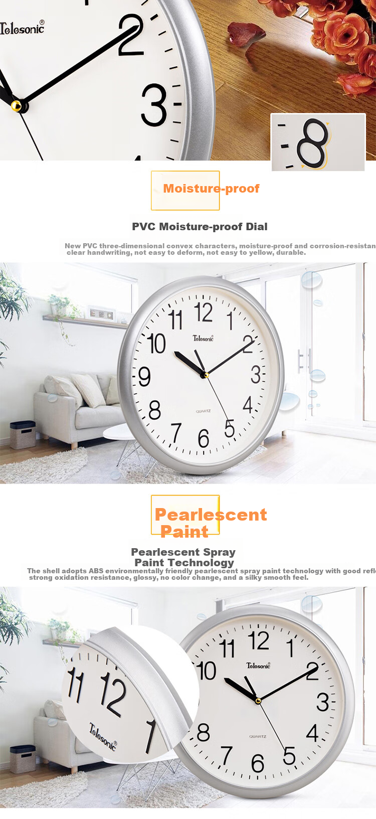 Telesonic Wall Clock, Home Living Room Clock, No Drilling Required, Wall-Mounted, Simple Design, Electronic Clock, Decorative Quartz Clock, 30cm 9