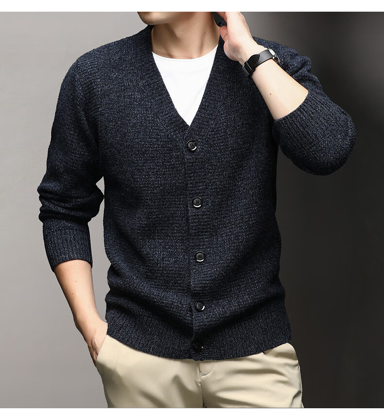 Hengyuanxiang Men's Wool Cardigan Thickened 100% Pure Wool Winter New V-Neck Warm Sweater Men's Versatile Knit Jacket 21