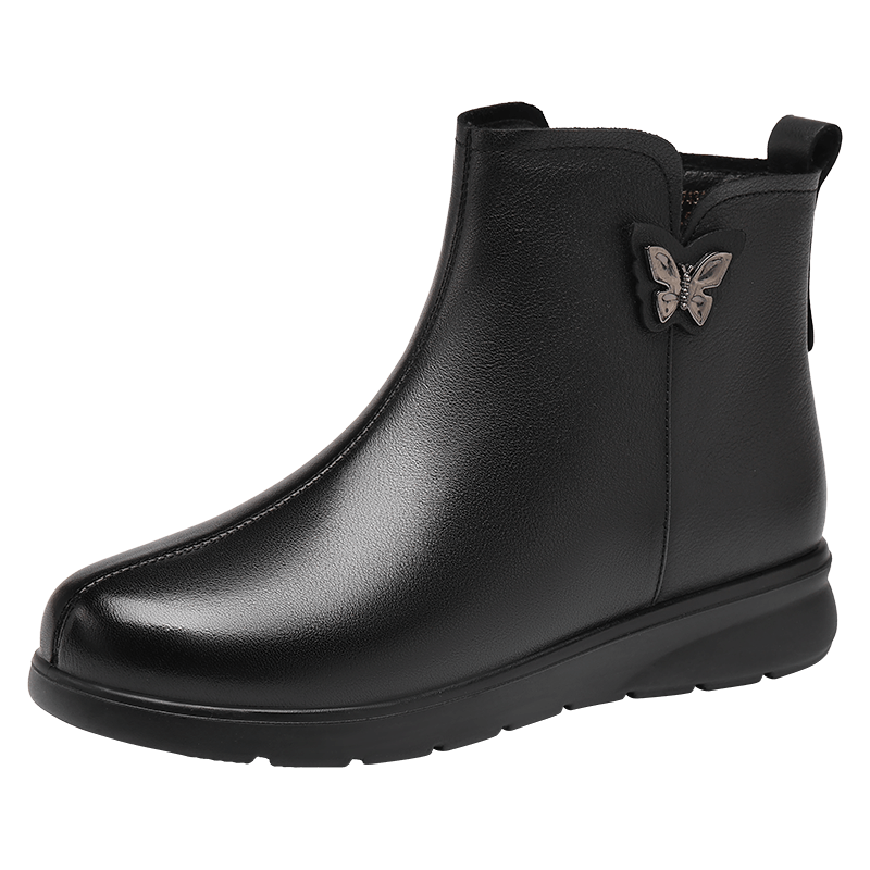 Red Dragonfly Women's Winter Fleece-Lined Warm Cowhide Short Boots Soft Sole Lightweight Middle-Aged and Elderly Cotton Boots WTC457431C Black Size 35
