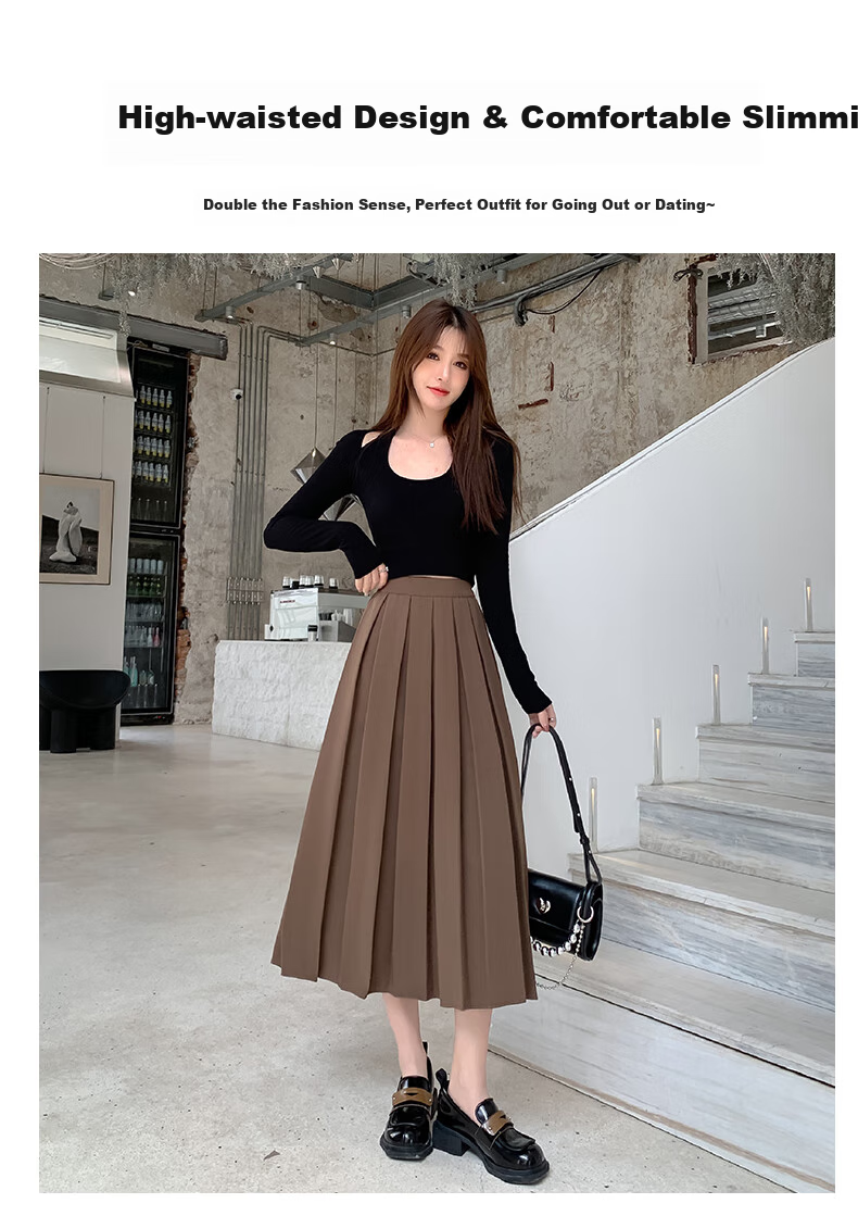 LangSha Pleated Skirt Women's Spring Vintage Mid-Length A-Line Skirt Elastic Waist Slim Fit Suit Umbrella Skirt 4