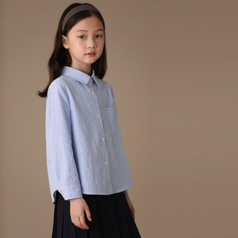 Hacikis Kids Spring and Autumn Children's Shirt Boys and Girls Striped Long Sleeve School Style Shirt Light Blue 170