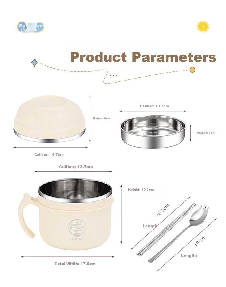 Guangyi 304 Stainless Steel Lunch Box, Fast Food Cup, Ramen Bowl with Lid, Meal Container, Student Lunch Box, Office Worker's Rice Container, Beige GY8542 6