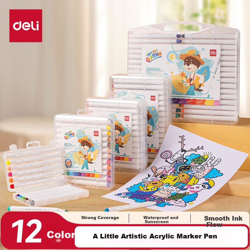 Deli [Back to School Stationery] 12-Color Children's Water-Based PP Boxed Triangular Acrylic Markers, Waterproof Drawing Guka Fluorescent Highlighters for New Year's Tree Graffiti, Boys And Girls