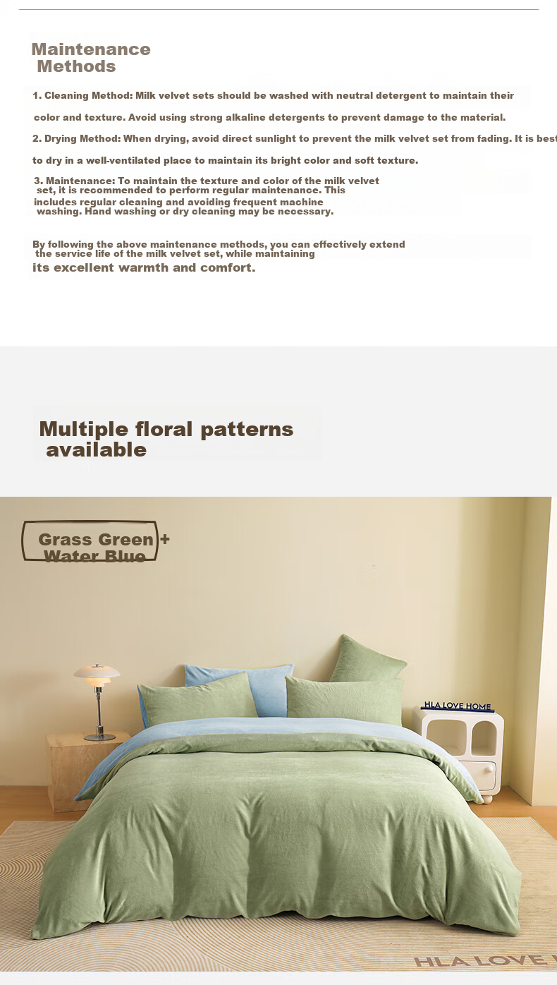 HLA A-Class 7A Antibacterial Milk Velvet 4-Piece Bedding Set Winter Thickened Coral Fleece Double-Sided Plush Double Bed Sheet and Duvet Cover Set 9