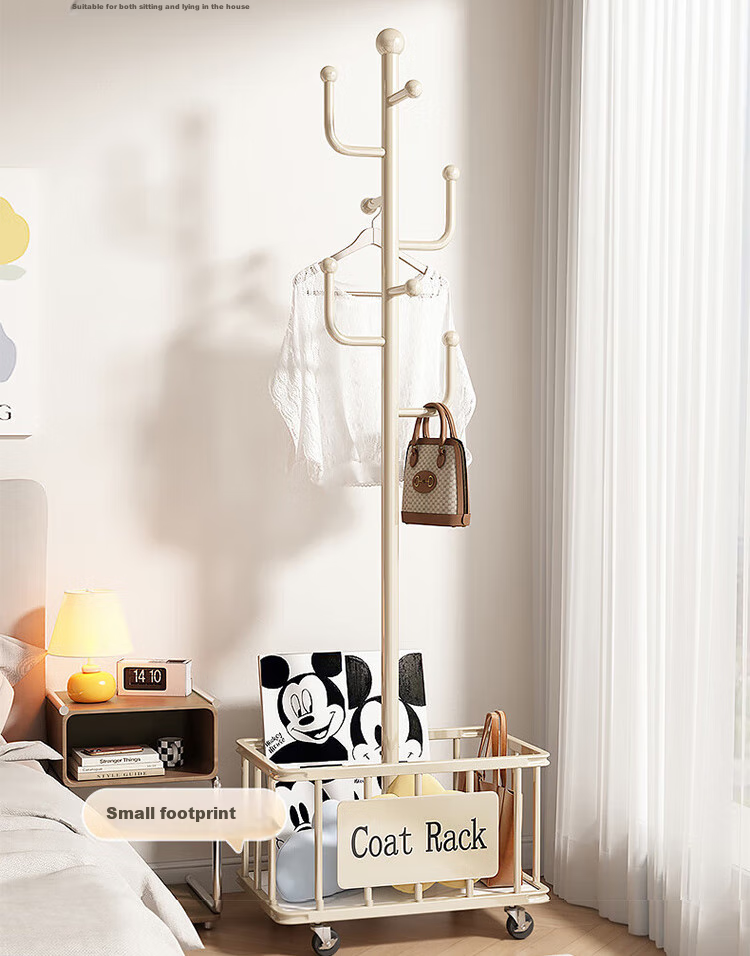 Yijia Coat Rack, Floor-Standing Clothes Rack, Coat And Hat Stand, Movable Home Drying Rod Storage Rack, Cream White Straight Rod with 7 Hooks 3