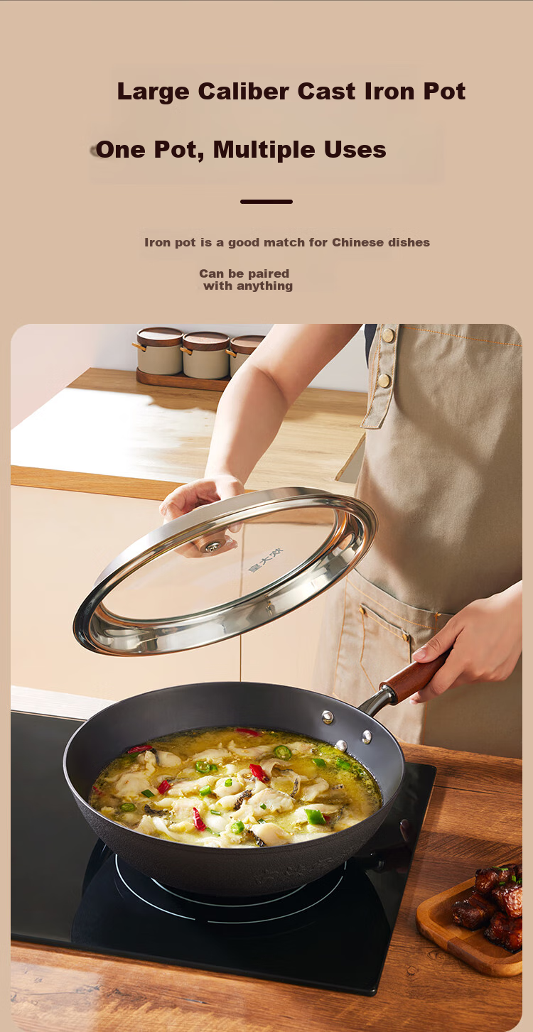COOKER KING Cast Iron Wok, Traditional Non-heritage Light Cast Iron Pan, Home Use Flat Bottom Stir-Fry Pan, 34cm FY34CG 8