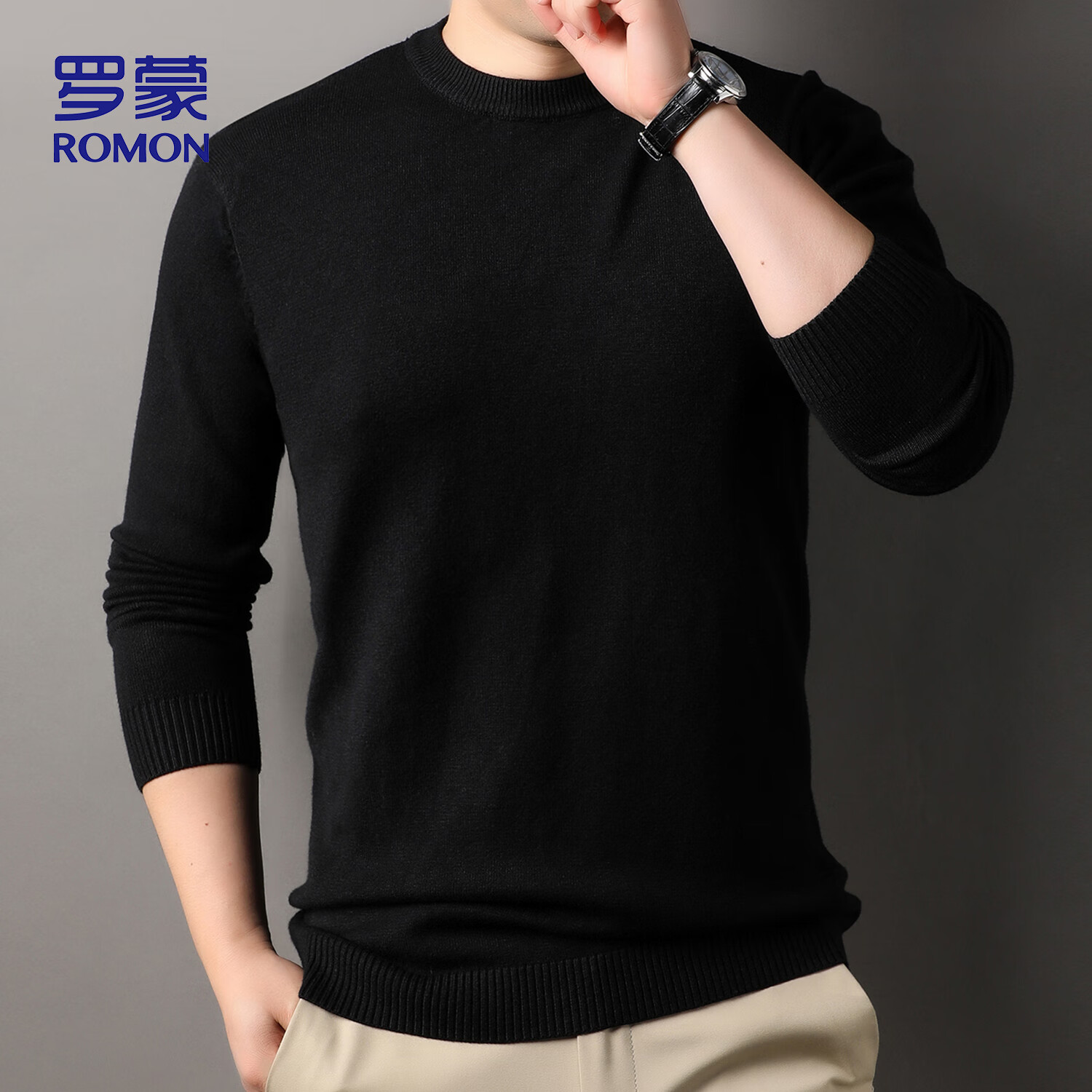 ROMON Men's Sweater Autumn Winter Comfortable Skin-friendly Casual Versatile Warm High-end Knitted Base Shirt Black 3XL Model 3977