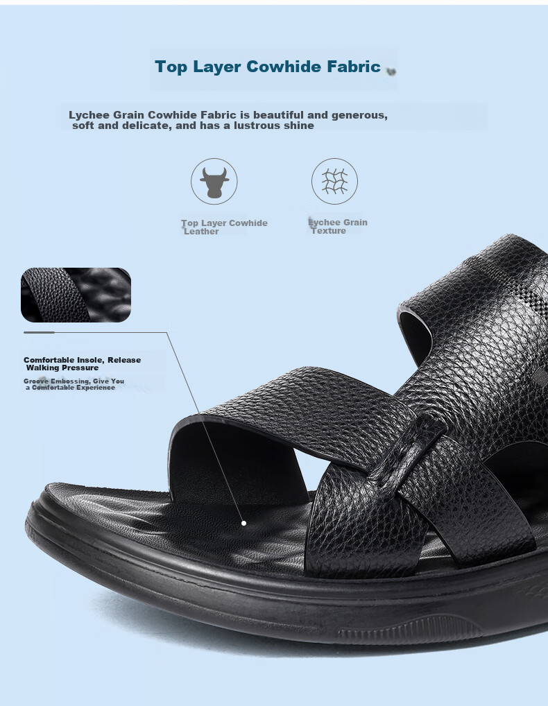 LAORENTOU Men's Beach Sandals, Summer Breathable Metal Buckle Lychee Pattern Shoes Slippers Dual-Use Versatile Casual Sandals Men's Footwear LT13107 Black Size 42 4
