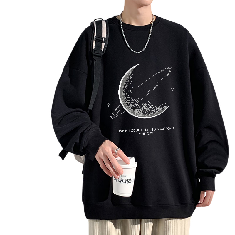 NASA GISS Official Trendy Sweatshirt for Men, Autumn Fashion Printed Loose Round Neck Versatile Pullover Jacket for Men, Black, 2XL