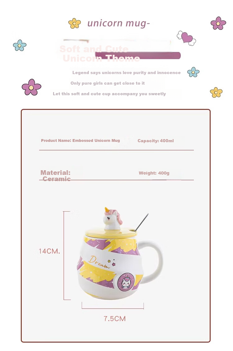 PINYU Mug, Coffee Cup, Ceramic Water Cup, Birthday Gift with Lid And Spoon, Pink Unicorn Design, 400ml Capacity 2